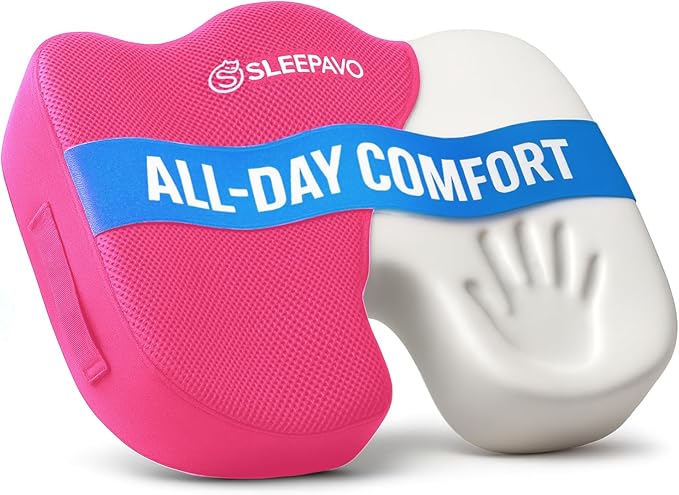 Sleepavo Pink Memory Foam Seat Cushion for Office Chair - Pillow for Sciatica, Coccyx, Back, Tailbone & Lower Back Pain Relief - Orthopedic Chair Pad for Lumbar Support in Office Desk, Car, Airplane