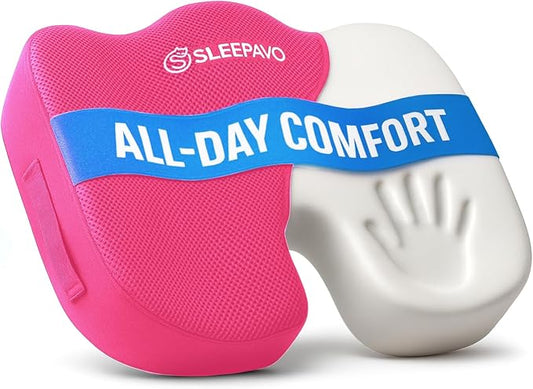 Sleepavo Pink Memory Foam Seat Cushion for Office Chair - Pillow for Sciatica, Coccyx, Back, Tailbone & Lower Back Pain Relief - Orthopedic Chair Pad for Lumbar Support in Office Desk, Car, Airplane