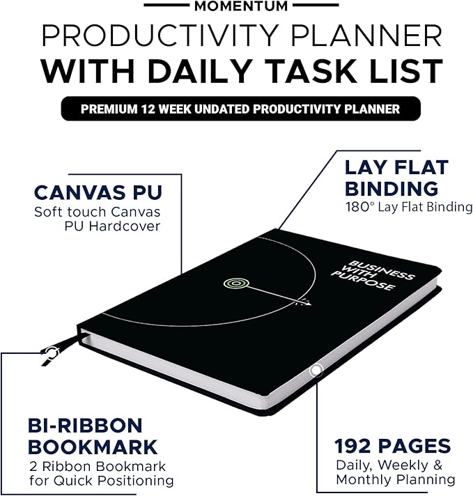 MOMENTUM PLANNER - Daily, Weekly, Monthly Business Productivity Planner Kit, Black Undated A5 size Planner - 192 Pages Journal Motivational stickers & Post cards - for Office, Students 2025
