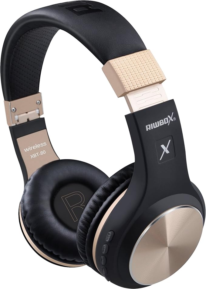 Riwbox Bluetooth Headphones, XBT-80 Folding Stereo Wireless Bluetooth Headphones Over Ear with Microphone and Volume Control, Wireless and Wired Headset for PC/Cell Phones/TV/iPad (Black Gold)