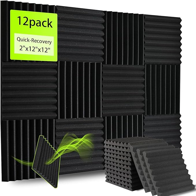 12 Pack Sound Proof Foam Panels for Walls, Thickened 2x12x12 Inches Wedges Acoustic Panels Sound Absorbing, High Density Pyramid Noise Reduction Panels