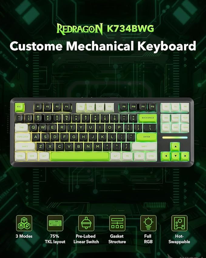 Redragon K734B Wireless Mechanical Keyboard,3-Modes Bluetooth Gasket Hot Swappable TKL RGB Custom Keyboard,Pre-lubed Switches, 81 Keys PBT Keycaps, South-Facing LEDs Socket