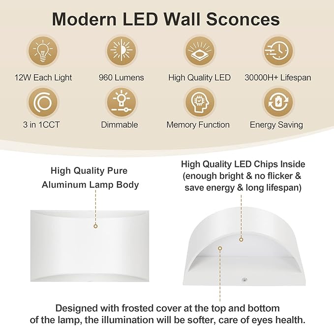 TRLIFE Dimmable Wall Sconces, 3000K/4000K/6000K Selectable Modern Wall Sconce 12W LED Aluminum Wall Mounted Light Set of 2 Hardwired Wall Lights for Bedroom Bedside Living Room Stairway (White, 2P)