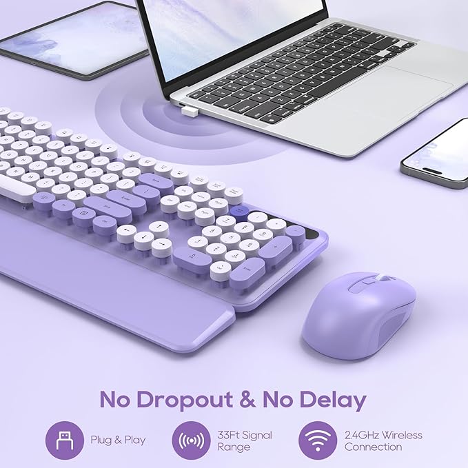 Wireless Keyboard and Mouse Combo, Cute Round Keycaps, Full-Size Retro Typewriter Keyboard with Detachable Wrist Rest, 2.4GHz Cordless Connection for Mac/Windows/PC/Laptop (Purple-Colorful)