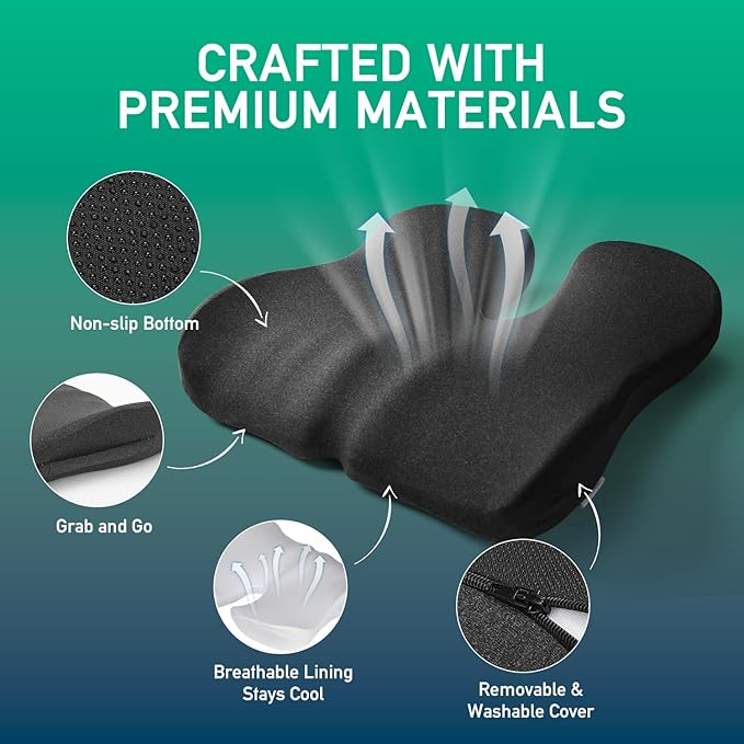 Non-Flattening Memory Foam Seat Cushion for Office Chairs,Gaming Chairs – Ergonomic Design for Tailbone Pain Relief, Long-Lasting Support, Gifts for Women/Men, Office Desk Accessories,Dark Grey