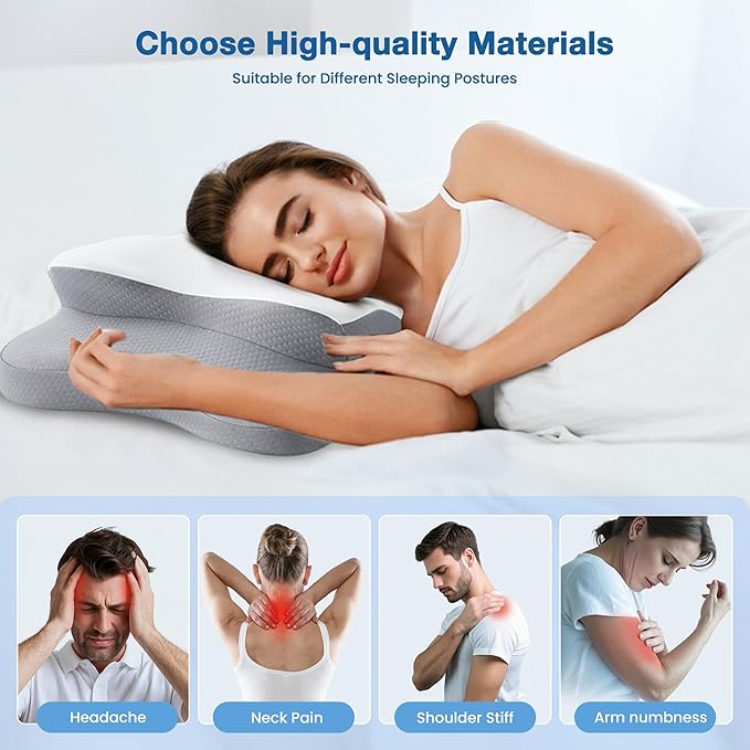 Memory Foam Neck Pillow, Effective Pain Relief Cervical Neck and Shoulder Pillows for Sleeping, Odorless Ergonomic Contour Bed Pillow for Side Sleep Stomach and Back Sleeper (White)