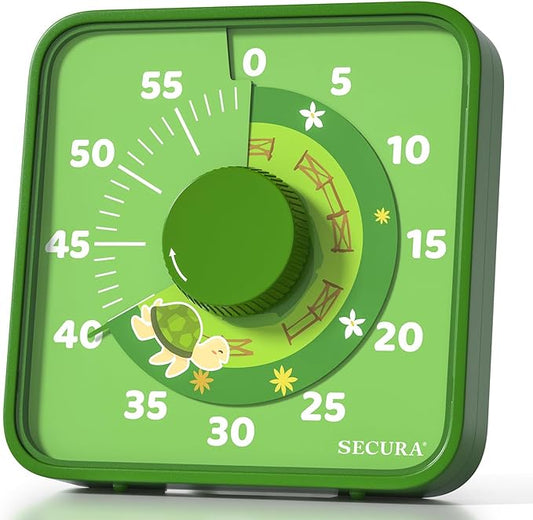 Secura 7.5-Inch Animal Pattern Visual Timer for Kids, 60-Minute Countdown Timer for Classroom or Kitchen, Durable Mechanical Timer Clock with Magnetic Backing (Green)