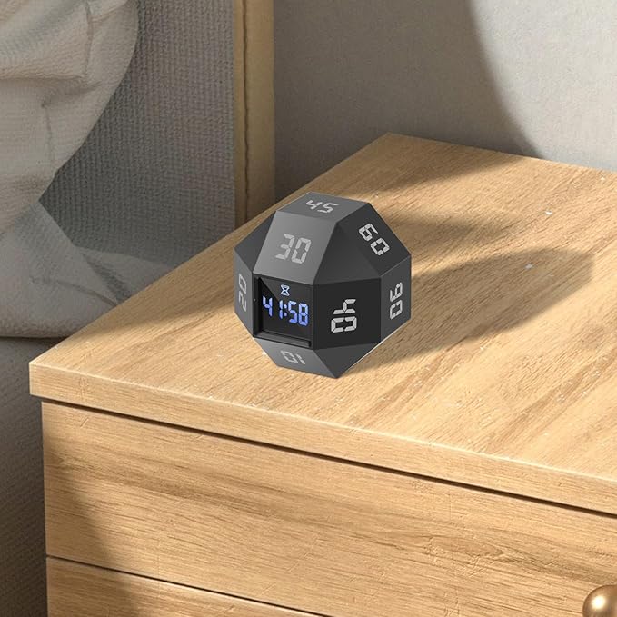 Flip Gravity Timer - 12-Side Time Management Cube with Preset Intervals, Silent Productivity Tool for Office, Study & Gym, Portable Focus Timer (Black)