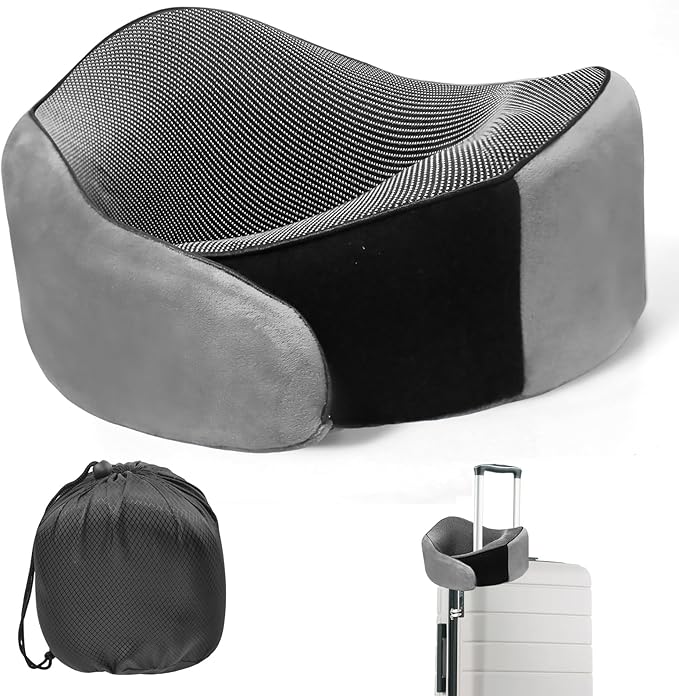 Travel Pillow, 100% Pure Memory Foam Travel Neck Pillow Airplane Neck Support Ergonomic Design for Traveling Suitable for Airplanes,Offices and Cars-Light Grey