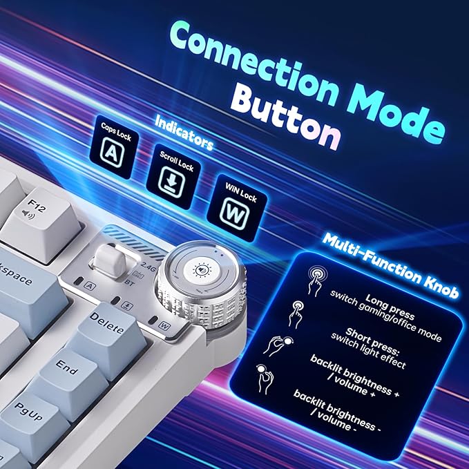 Aula AU75 Mechanical Keyboard,Wireless Gaming Keyboard with Knob,75% Hot Swappable RGB Backlit Custom PBT Keycap for Windows/Mac - Seiya Switch,Blue