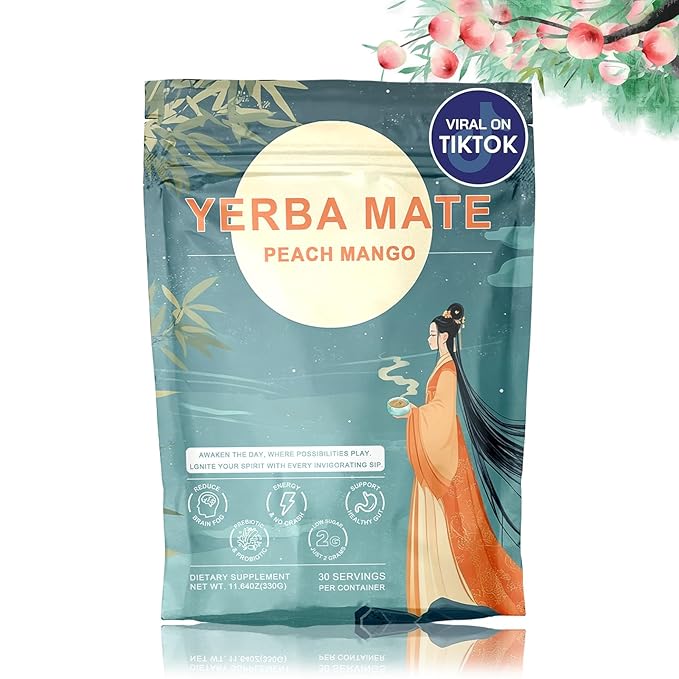 Yerba Mate Instant Tea Powder, 3-in-1 Super Drink - Clean Energy, Brain Fog Buster | Pure Natural Extract, Focus and Gut Health Support, Yerba Mate Peach Mango 0.72 lb
