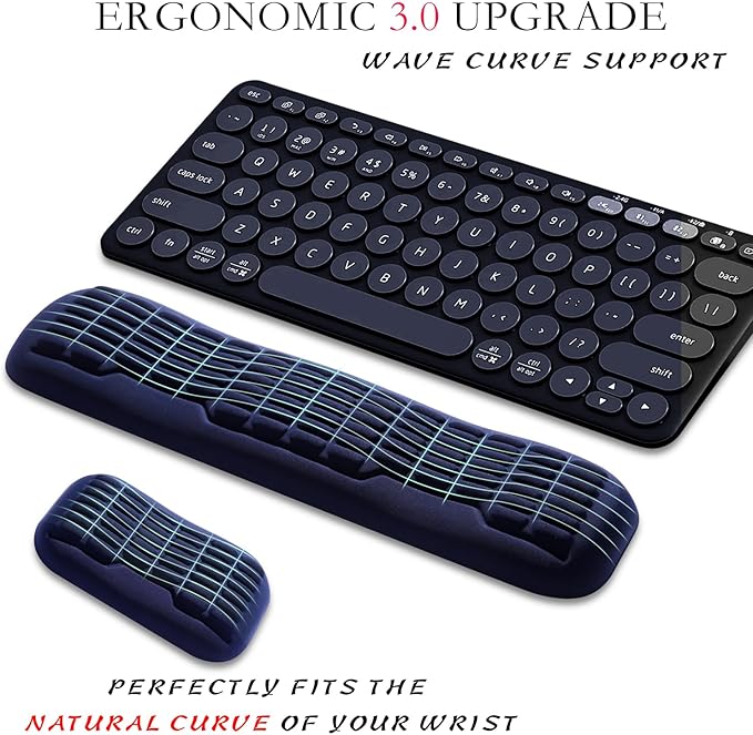 UnivoColors Compact-Sized Keyboard & Mouse Wrist Rest Set-Ergonomic 3.0 Upgrade with Wave Curve Support,Non-Slip Base,Perfect for Work & Gaming(Navy)