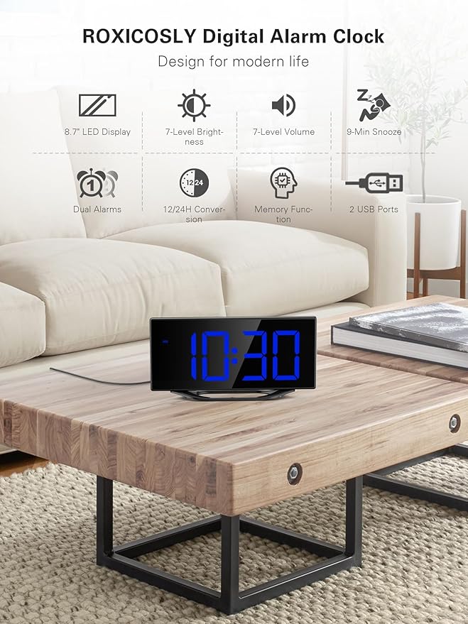 Digital Alarm Clock for Bedroom Bedside, Large Big Numbers Display with Brightness Dimmer, Plug-In Electric Desk Clock with Battery Backup, USB Charging Port, Adjustable Volume, 12/24Hr, Snooze