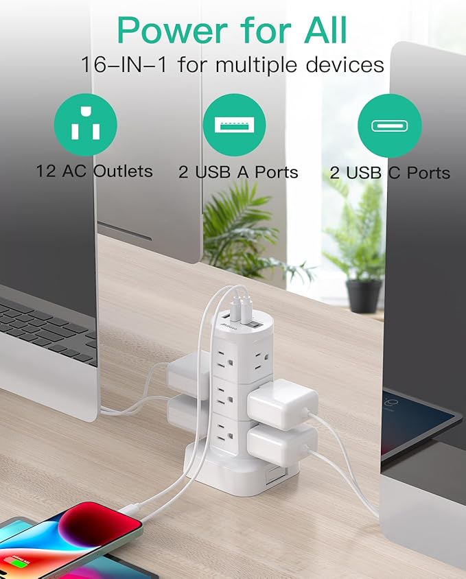 Power Strip Tower, PD20W Charging Station Desk Accessories, Flat Plug, 12 Outlets 4 USB Ports, 1080J Surge Protection, 6Ft Extension Cord with Multiple Outlets, Office Supplies, Dorm Room Essentials