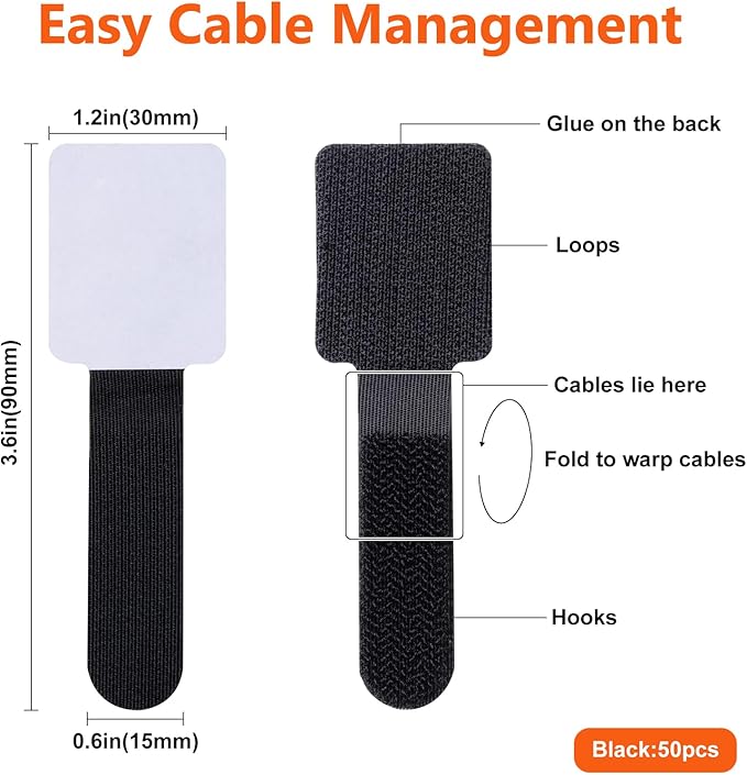 Hook and Loop Cable Ties, Adhesive Cable Clips, Cord Organizer for Appliances,Cable Ties Can Easily Organize Desktop Wires and Network Cables, Many Use in Home, Office, Garage, Outdoor, 50Pcs per Pack