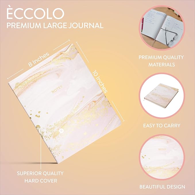 Eccolo Large Lined Journal Notebook, Hardbound Cover, Writing Journal, 256 Ruled White Pages, Ribbon Bookmark, Lay Flat, Desk Size for Work or School, Gold Foil Marble (Pink, 8x10 inches)