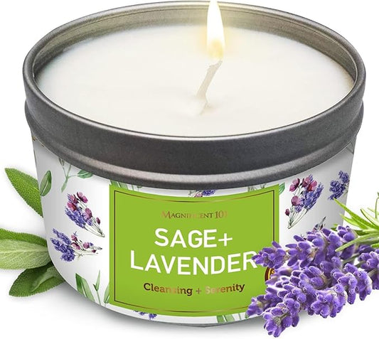 MAGNIFICENT 101 Sage & Lavender Aromatherapy Smudge Candle - 6 Oz - 35-Hour Burn Soy Wax - Energy Cleansing & Manifestation - Spiritual Decor & Meditation Accessories - Spiritual Gift for Women
