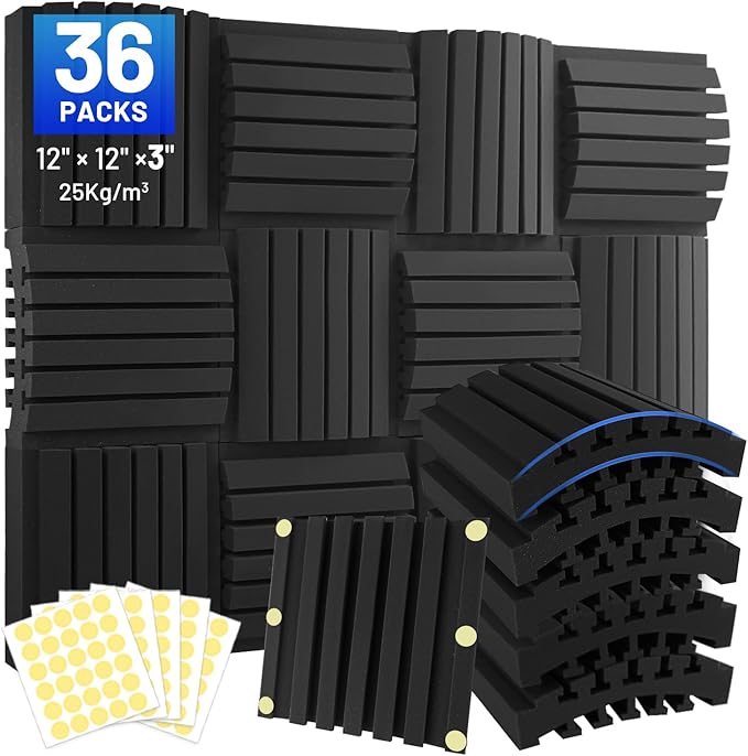 36 Pack Curved Acoustic Foam Panels 3" x 12" x 12" Sound Proof Foam Panels Soundproofing Noise Cancelling Wedge Panels for Home Office Recoding Studio with 240 PCS Double-Side Adhesive