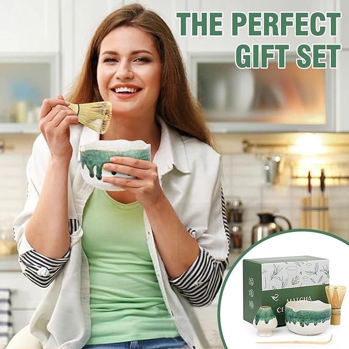 Pottery Matcha Set - Japanese Handcrafted Matcha Tea Bowl Mineral Glaze Bowl with Spout, Bamboo Whisk, Scoop & Chasen Holder | 4pc Tea Ceremony Kit for Matcha Lovers (Snowy Jade)