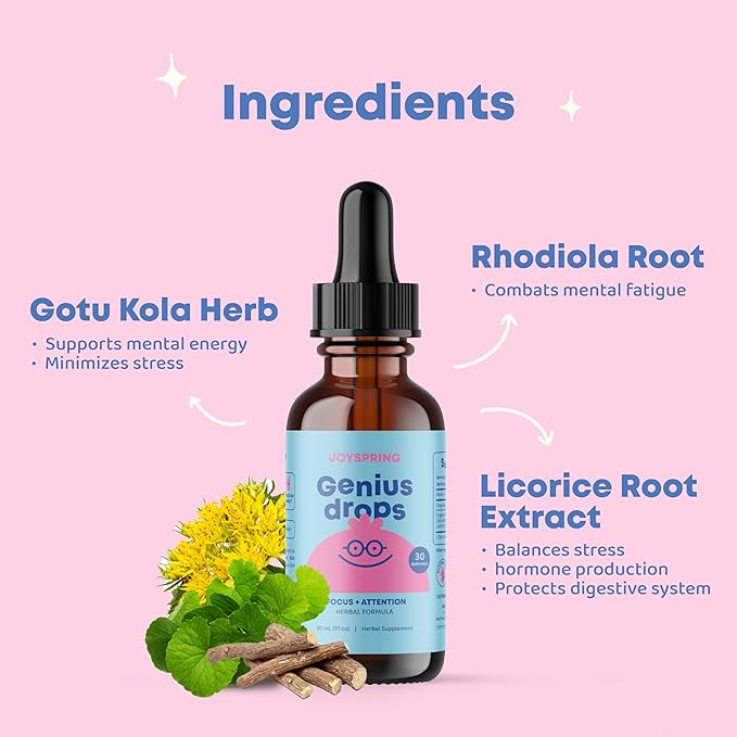 JoySpring Genius Drops for Kids | Clinically Proven Focus Supplement | Liquid Herbal Focus Supplement with Ginkgo Biloba for Kids (1 fl oz) 30 Servings