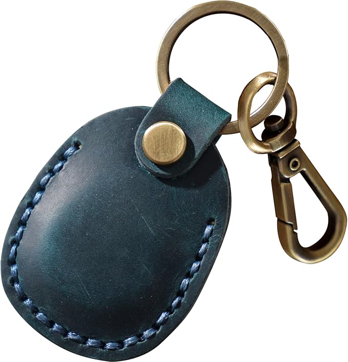 Genuine Leather Airtag Holder, Portable Air Tag Keychain with Key Rings Full Coverage Air Tags Hidden Case Cover Compatible for AirTags Blue