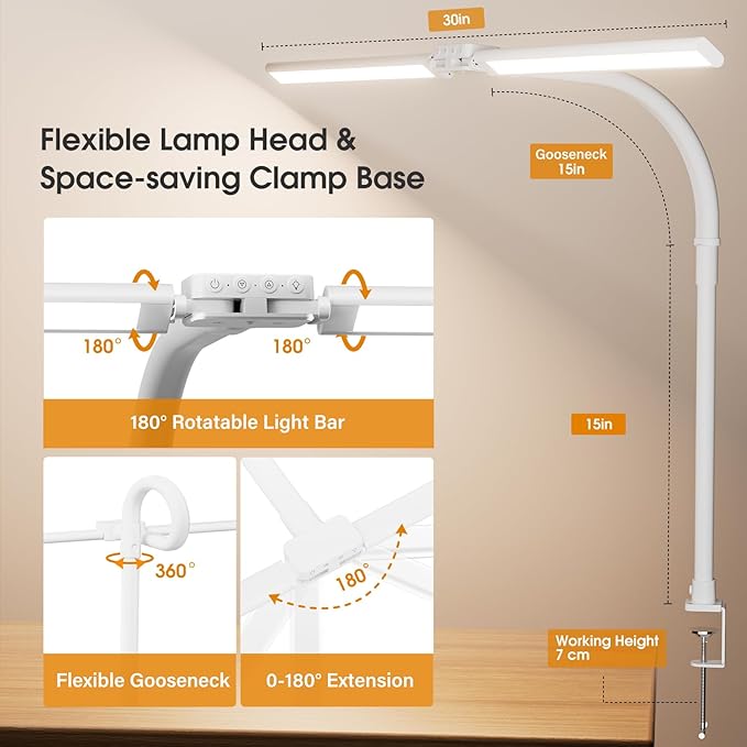LED Desk Lamp for Home Office - Eye-Caring Computer Desk Light with Clamp, Adjustable Work Lamp with Color Changing, Dimmable Double Head Monitor Light with Gooseneck, White