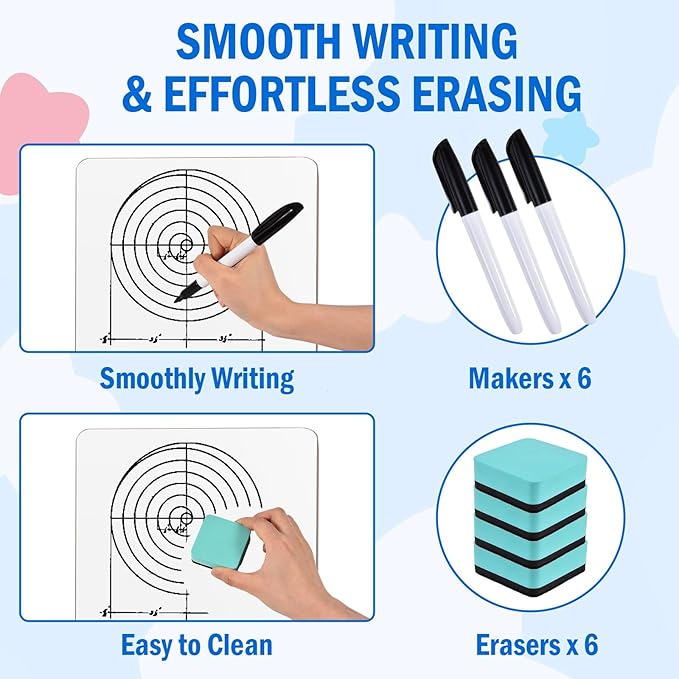 6 Pack Small Dry Erase Boards Classroom Pack 12 x 9 Inch Double Sided Mini White Boards Portable Dry Erase LapBoards for Teacher Supplies with 6 Erasers and 6 Markers