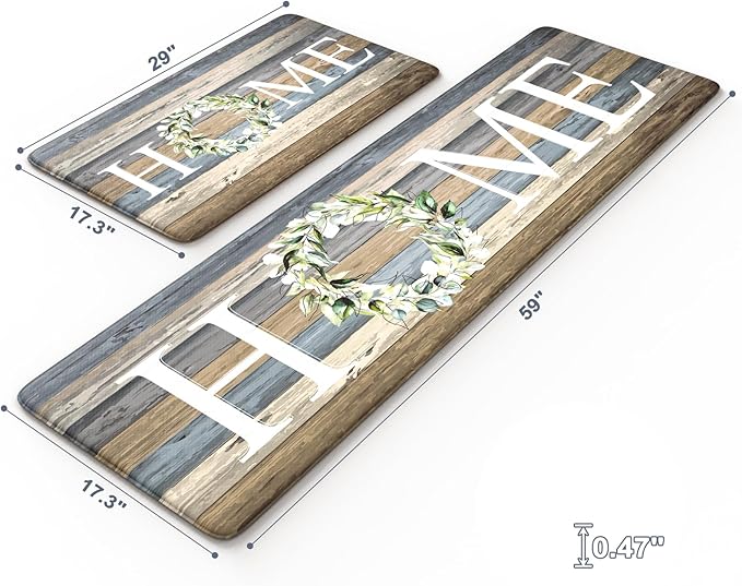 KIMODE Farmhouse Kitchen Floor Mats Cushioned Anti Fatigue,Memory Foam Rugs Non Slip Sets of 2,Long Waterproof Carpet for Sink Laundry Office Bathroom,Blue 17"x59"+17"x29"