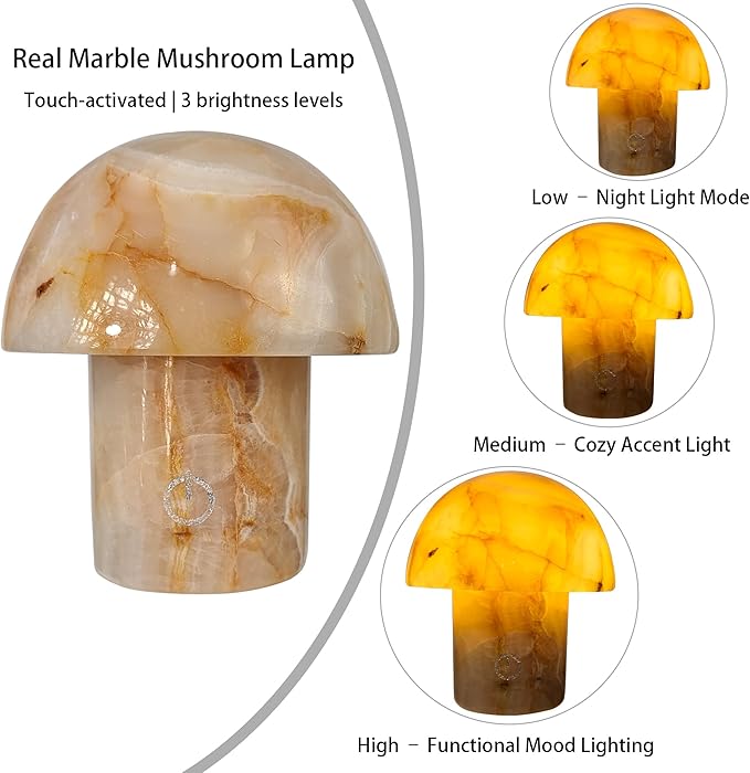 Marble Touch Table Lamp 4.3" x 4.7" – Natural Onyx Mushroom LED Night Light, Rechargeable Soft Glow Stone Bedside Lamp for Meditation, Yoga, Bedroom, Entryway Decor
