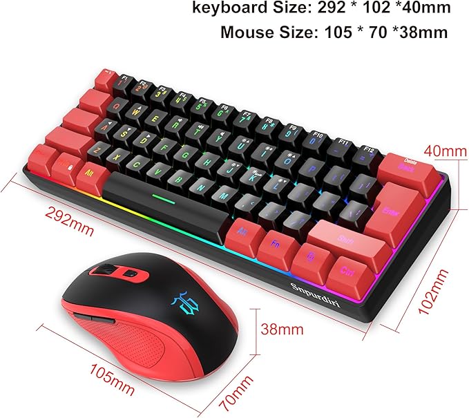 Snpurdiri 2.4G Wireless Gaming Keyboard and Mouse Combo, Include Mini 60% Merchanical Feel Keyboard, Ergonomic Vertical Feel Small Wireless Mouse(Red and Black)
