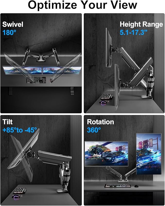 Dual Monitor Arm for 17-32 Inch Computer Screens, 22lbs per Arm, Full Motion Monitor Desk Mounts for 2 Monitors, Gas Spring Desk Mount, VESA Mount, Freelift Pro