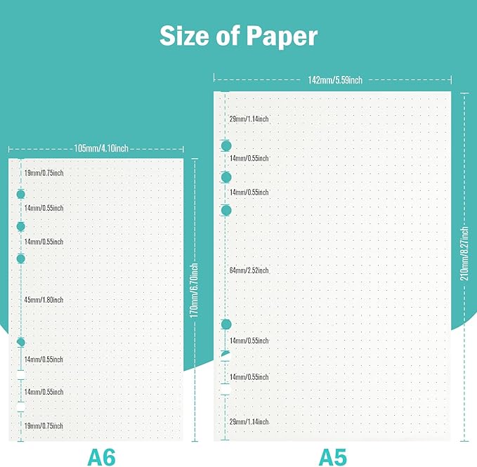 OMEYA A5 Refill Paper, 280 Pages A5 Loose Leaf Paper 6 Hole Notebook Refills for 6 Ring Refillable Binder Notebook Planner Diary Journals Painting Personal Organiser-Dotted Pages