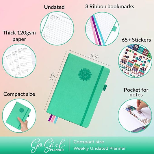 GoGirl Planner and Organizer for Women – Compact Size Weekly Planner, Goals Journal & Agenda to Improve Time Management, Productivity & Live Happier. Undated – Start Anytime, Lasts 1 Year – Emerald