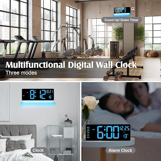 16.5" Digital Clock Large Display with Remote Control, 6-Color Night Light Digital Wall Clock with Dual Alarms, Temperature, Auto DST Large Digital Clock for Living Room, Bedroom, Desk, Mounted, Gift