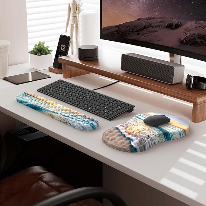 HAOCOO Ergonomic Mouse Pad with Wrist Rest and Keyboard Wrist Rest Pad, Wrist Rest for Computer Keyboard and Mouse Pad Cushion Set, Typing Mousepad with Wrist Support for Office Laptop, Beach