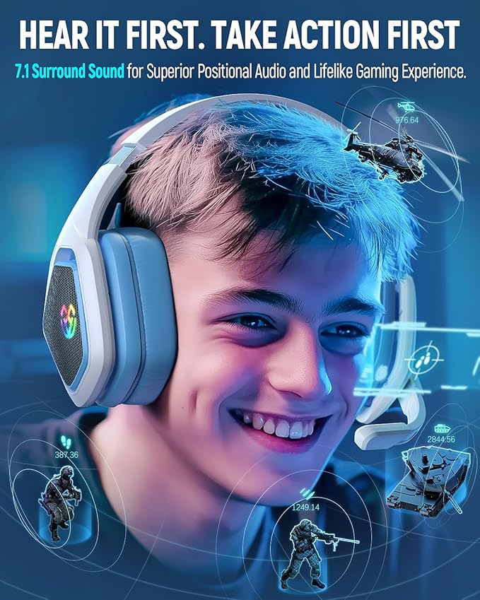 Wireless Gaming Headset for PC, Ps5, Ps4, 2.4 Ghz USB & Type-C Gaming Headphones with Microphone, 30H Battery Bluetooth Headphones for Switch, Laptop, Mobile, Mac (Blue White)