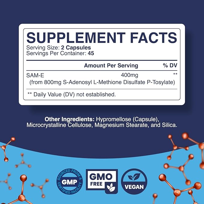 Pure SAM E Supplement 400mg - Nootropic SAM E 400mg Per Serving for Memory & Brain Support, Joint & Liver Health - Natural S-adenosylmethionine for Mood Balance - 90 Capsules
