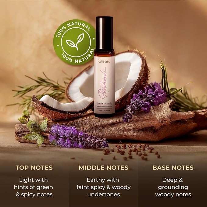 Gya Labs Patchouli Roll On, Luxurious Aroma for Confidence and Allure - Patchouli Essential Oil Roll On for Tranquillity and Inner Peace - 0.34 Fl Oz - Travel-Sized Convenience and Quick Absorption