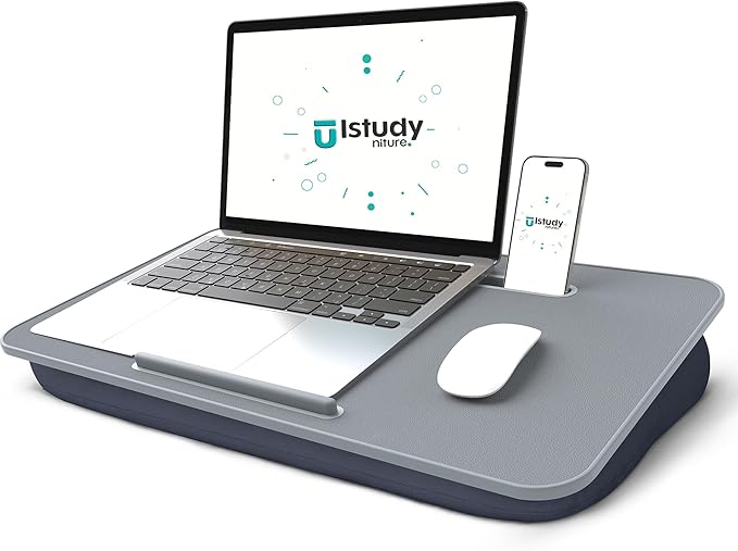 Istudyniture Lap Desk with Washable Cushion – Fits up to 17-Inch Laptops – Portable Laptop Desk & Stand – Bed desks & Tray for Writing, Reading, Working, Gaming on Bed, Couch, Floor – Large, Grey