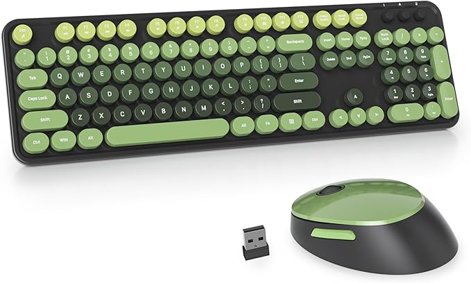 Guffercty kred Dark Green Keyboard and Mouse Wireless, Retro Typewriter Cute Colorful Wireless Keyboard Full-Size 2.4GHz with Round Keycaps for Desktop Laptop and PC(Black Green)