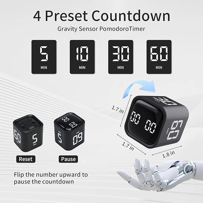 Productivity Timer Flip Gravity Sensor Cube Timer Countdown & Countup,Mute & Vibrate & Sound，5/10/30/60min & Custom Timing, Perfect for ADHD,Work,Learning,Kitchen Cooking