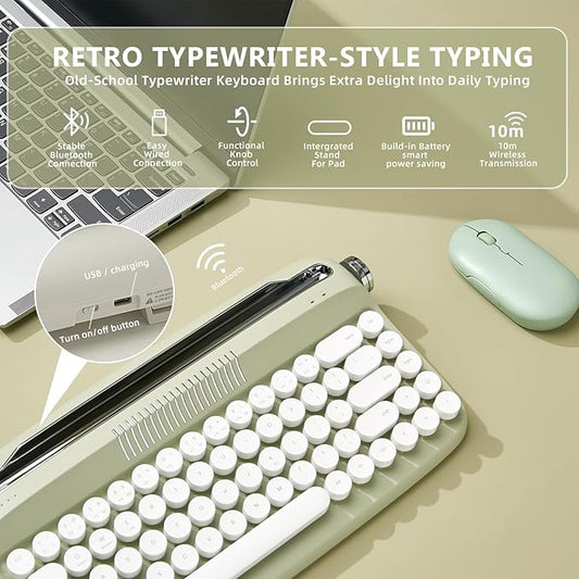 YUNZII Upgraded Wireless Typewriter Keyboard, Retro Aesthetic with Integrated Stand,Cute Round Keycaps, USB-C/Bluetooth Connection for Table, Phone, PC and Win/Mac/Android (B307, Sweet Mint)