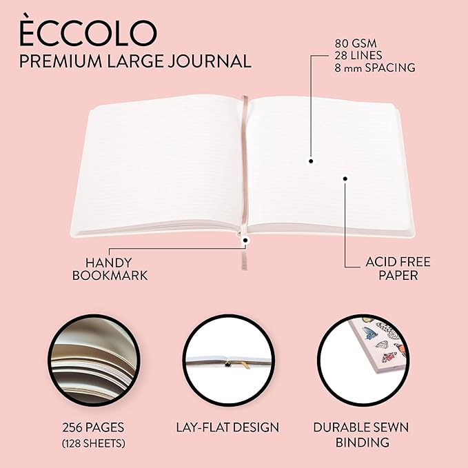 Eccolo Large Lined Journal Notebook, Hardbound Cover, Writing Journal, 256 Ruled Cream Pages, Ribbon Bookmark, Lay Flat, Desk Size for Work or School (Butterflies, 8x10 inches)