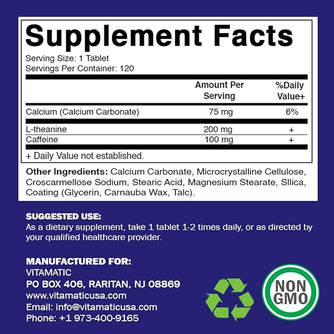 Vitamatic L-Theanine 200mg with Caffeine 100mg – 120 Vegetarian Tablets Nootropic Supplement for Focused Energy & Mental Clarity