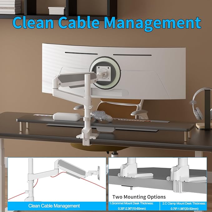 Monitor Arm for 17 to 60 inch, Hold 44 lbs, Fully Adjustable Heavy Duty Desk Mount, Monitor Stand Fit 57 55 49", Ultrawide Monitors Bracket Clamp/Grommet Base VESA 75x75/100x100 (White)