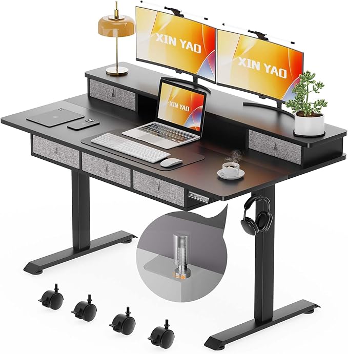 XINYAO Electric Standing Desk with 5 Drawers, 55x30 Inch Extra Wide Height Adjustable Sit Stand Up Desk with Storage Support 290lbs Ergonomic Rising Table with Wheels for Home Office