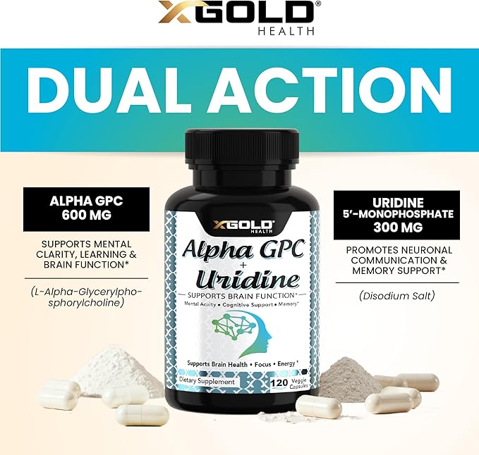 Alpha GPC Choline 600mg + Uridine Monophosphate 300mg-2-in-1 Nootropic Supplement Helps Boost Focus, Energy & Cognitive Performance -Potent Mood Enhancer & Brain Focus Supplements -120 Veggie Capsules