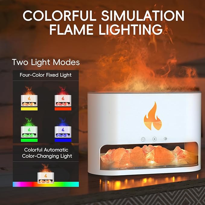 Essential Oil Diffuser, Fireplace Fire Flame Aromatherapy Diffuser, 250ml Himalayan Salt Lamp Scent Diffuser, Cool Mist Humidifier with 7 Colors Light, Timer & Auto-Off for Home, Room (White)
