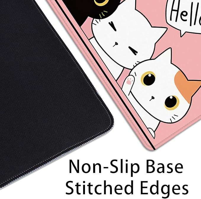 Cute Cats Desk Pad Mouse Pad,Cute Cartoon Lofi Cats Pink Mouse Mat Large,Stitched Edges Non-Slip Waterproof Rubber Base Mouse Mat for Office Home Work Gaming（27.5 x 11.8 in）