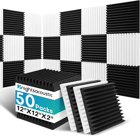 50 Pack Sound Proof Foam Panels for Walls, 2 X 12 X 12 Inches Acoustic Foam Panels, High Density Acoustic Panels Sound Absorbing, Noise Cancelling Studio Wedges, Black White (NOT INCLUDE ADHESIVE)